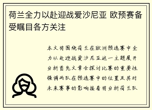 荷兰全力以赴迎战爱沙尼亚 欧预赛备受瞩目各方关注