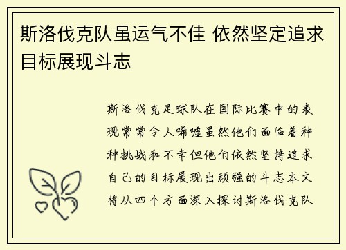 斯洛伐克队虽运气不佳 依然坚定追求目标展现斗志