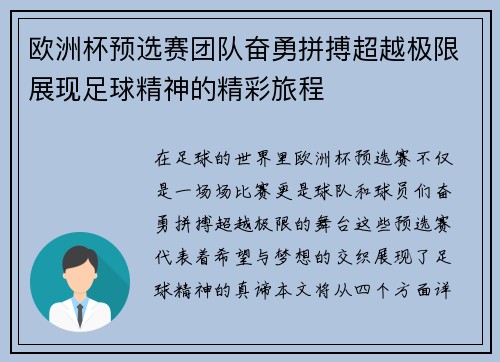 欧洲杯预选赛团队奋勇拼搏超越极限展现足球精神的精彩旅程
