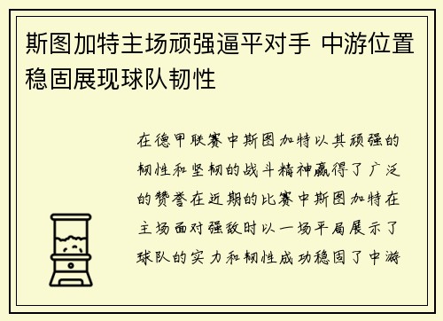 斯图加特主场顽强逼平对手 中游位置稳固展现球队韧性
