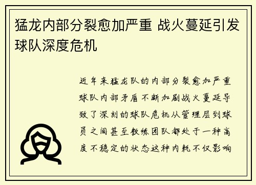 猛龙内部分裂愈加严重 战火蔓延引发球队深度危机