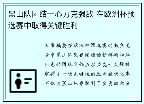 黑山队团结一心力克强敌 在欧洲杯预选赛中取得关键胜利
