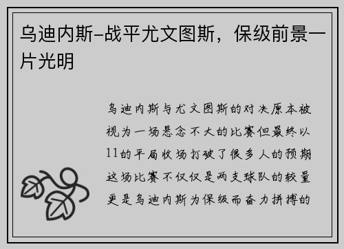 乌迪内斯-战平尤文图斯，保级前景一片光明