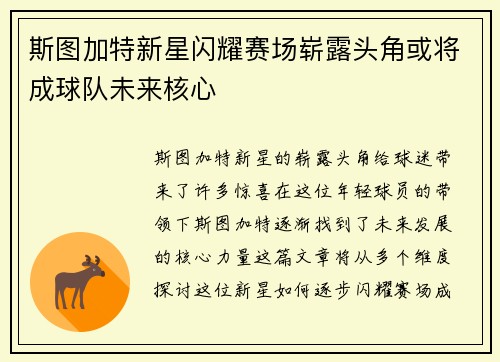 斯图加特新星闪耀赛场崭露头角或将成球队未来核心