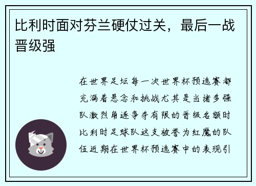 比利时面对芬兰硬仗过关，最后一战晋级强