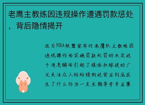 老鹰主教练因违规操作遭遇罚款惩处，背后隐情揭开