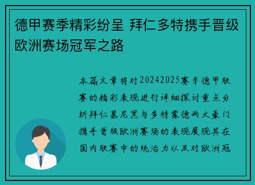 德甲赛季精彩纷呈 拜仁多特携手晋级欧洲赛场冠军之路